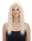Woman wearing a long blonde wig on a white background