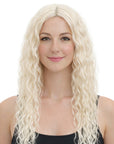 Woman wearing a long blonde wig on a white background