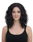 Woman wearing a black wig on a white background