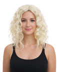 Woman wearing a blonde wig on a white background