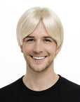 Person wearing a blonde wig on a white background