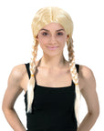 Person with blonde braided wig on a white background