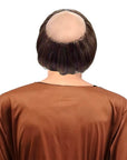 Person wearing a monk wig with a brown shirt on a white background