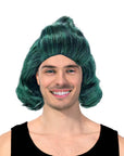 Person wearing a green wig on a white background