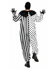 A person modeling a one-piece clown costume from the back, featuring a split design with black and white vertical stripes on one side and black polka dots on a white background on the other. The costume includes a black ruffled collar, black gloves, and a black hat, shown against a plain white background.