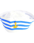 A white sailor-style hat with blue horizontal stripes and a small yellow anchor emblem on the front, shown against a plain white background.