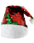 Red and green sequin Santa hat on a white background
