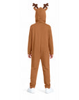 A child viewed from the back wearing a brown reindeer costume jumpsuit with antlers on the hood, standing against a plain white background.