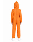 A child viewed from the back wearing a bright orange hooded jumpsuit, standing against a plain white background.