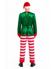 A person shown from the back wearing a Christmas elf costume consisting of a shiny green long-sleeve top with red cuffs and a red bow at the back neckline, red and white striped pants, and a Santa hat, against a plain white background.
