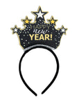 A black New Year's Day crown headband featuring a glittery crown design with gold and white stars and the text 'HAPPY new YEAR!' in gold and white lettering.