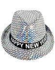 A silver holographic fedora hat with a black band that reads 'HAPPY NEW YEAR' in white letters, shown against a plain white background.