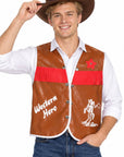 A man wearing a brown faux-leather Western vest with red fringe, white trim, a red star, and white 'Western Hero' graphics, styled with a brown cowboy hat, white shirt, and blue jeans against a white background.