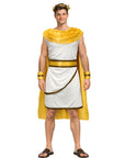 Man wearing a Roman emperor costume with a yellow cape and white toga on a white background