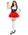 Woman wearing a traditional Bavarian costume holding a beer stein on a white background
