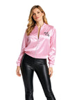 Woman wearing a pink jacket with 'Pink Lady' text on a white background