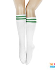 White Sports Socks with Green Stripe