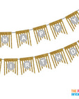 White Happy Birthday Bunting with Gold Glitter Stripes
