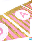Pink Happy Birthday Bunting with Gold Glitter Stripes