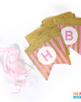 Pink Happy Birthday Bunting with Gold Glitter Stripes