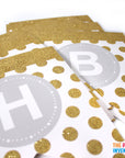 White Happy Birthday Bunting with Gold Glitter Dots