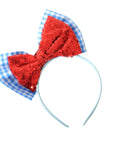 Blue Gingham & Red Sequin Bow Headband