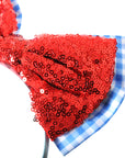 Blue Gingham & Red Sequin Bow Headband