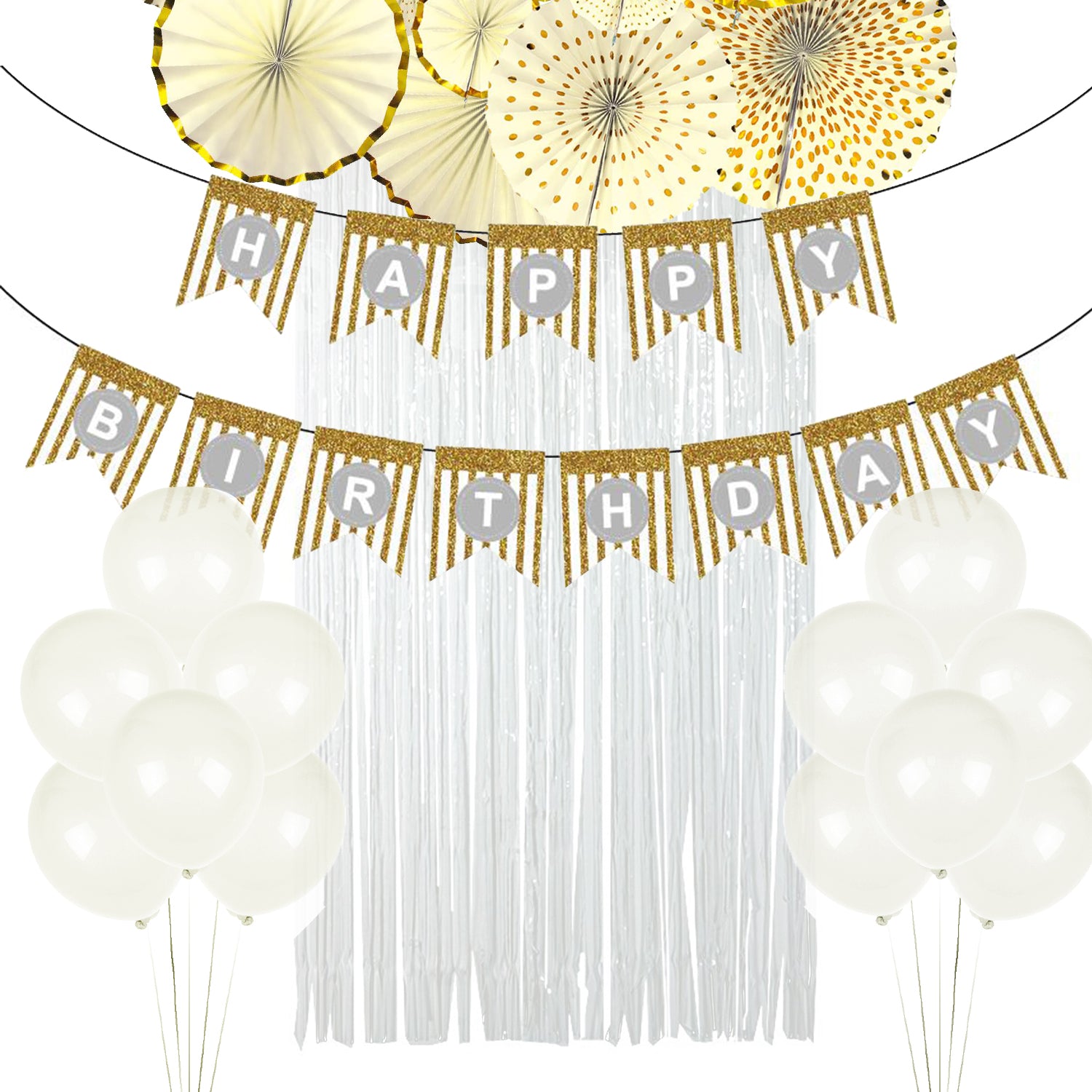 White and Gold Birthday Decoration Kit (Stripes)