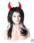 Long Black and White Wig with Devil Horns