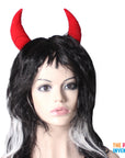 Long Black and White Wig with Devil Horns
