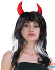Long Black and White Wig with Devil Horns