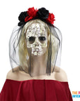 Day of the Dead Veiled Rose Headband (Black & Red)