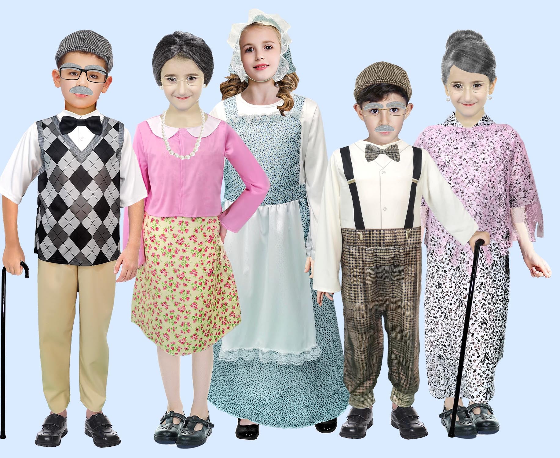 Five children in vintage-style costumes against a light blue background