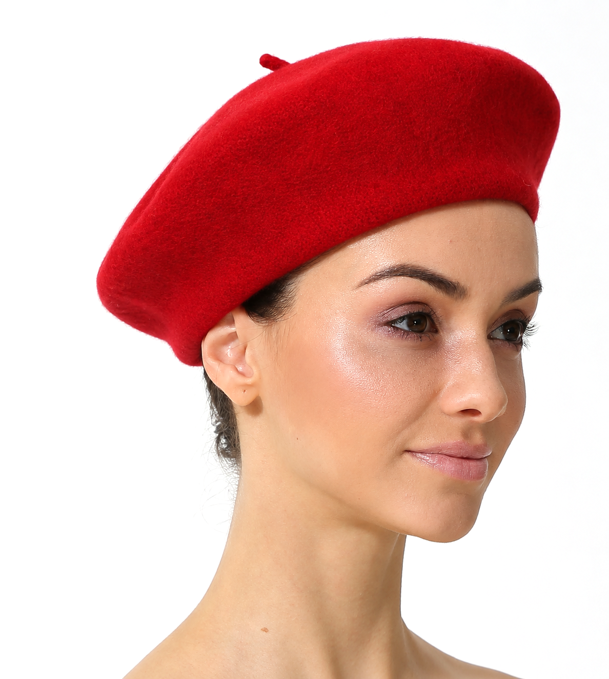 Woman wearing red beret hat
