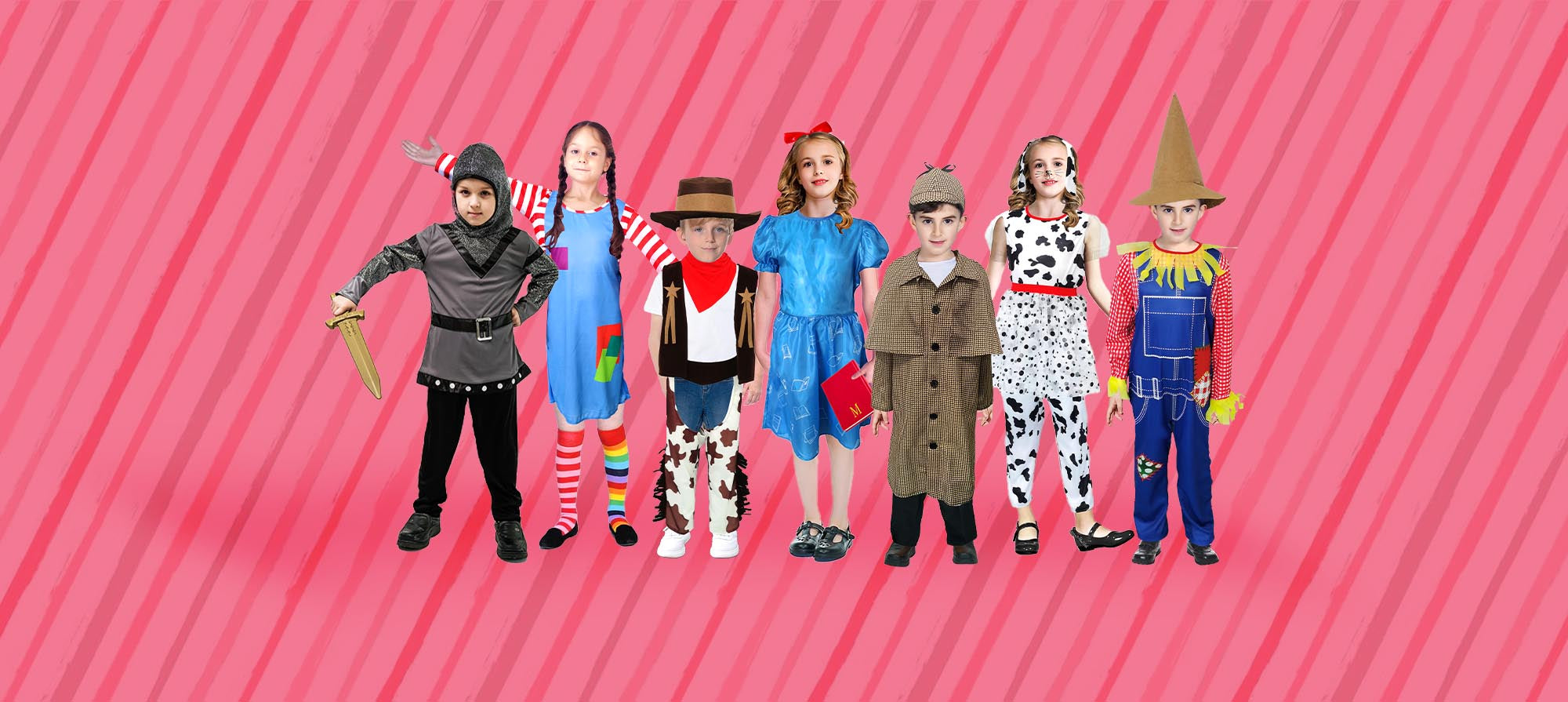 Children in various costumes on a pink striped background
