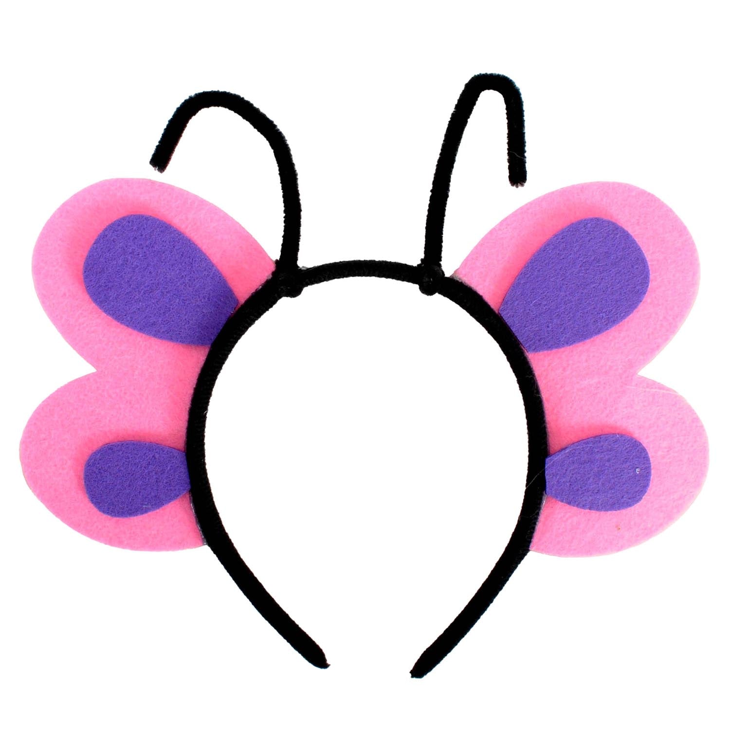 A children's butterfly headband featuring pink felt wings with purple centers and black elastic ear wires, shown on a plain white background.