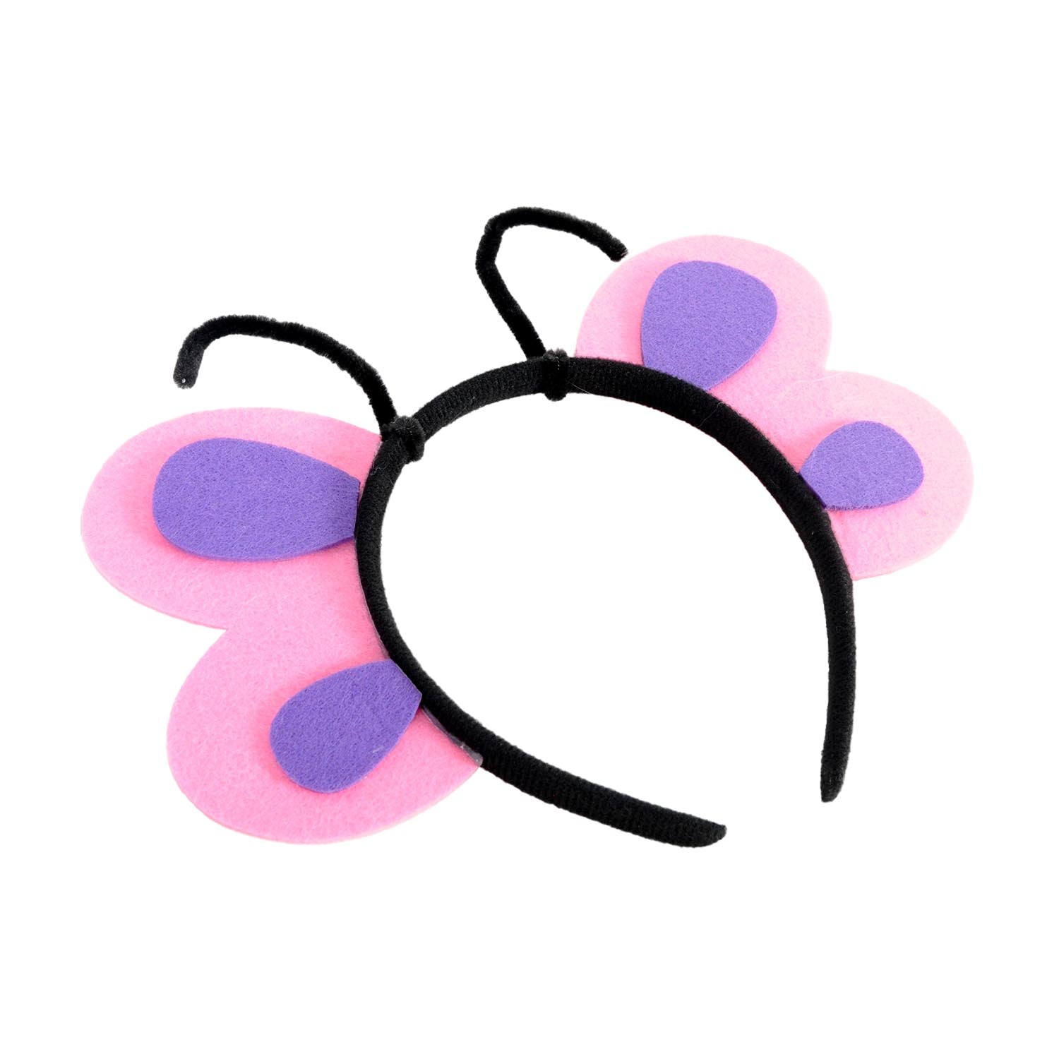 A butterfly wing headband costume accessory with pink felt wings, purple felt wing patches, and a black elastic headband on a white background.