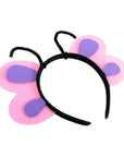 A butterfly wing headband costume accessory with pink felt wings, purple felt wing patches, and a black elastic headband on a white background.