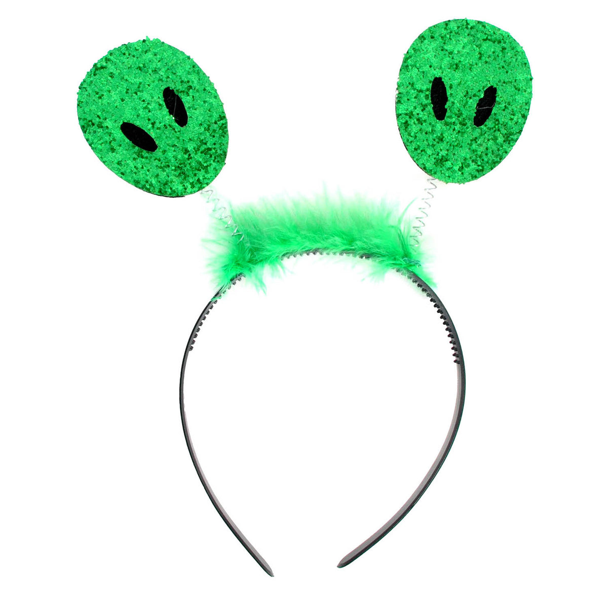A green glitter alien ears headband with a fluffy green feather band and a black metal headband base, shown on a plain white background.