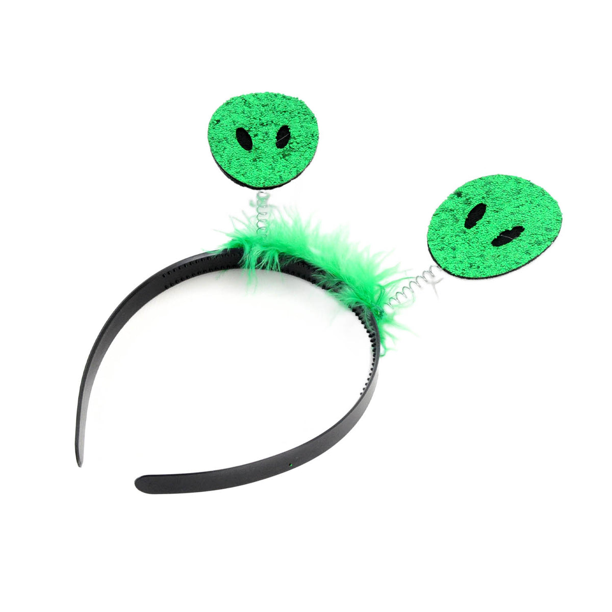 A novelty costume headband featuring a black plastic band, bright green feather trim, and two dangling green alien face discs on silver springs.