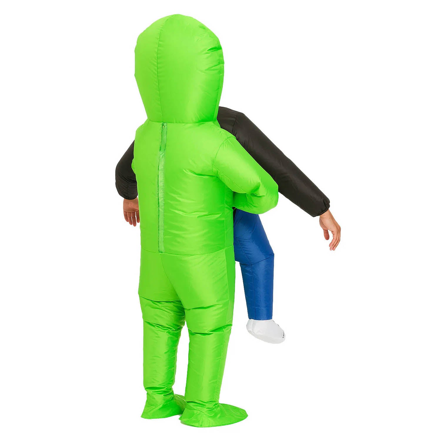 Person wearing a bright green alien costume on a white background