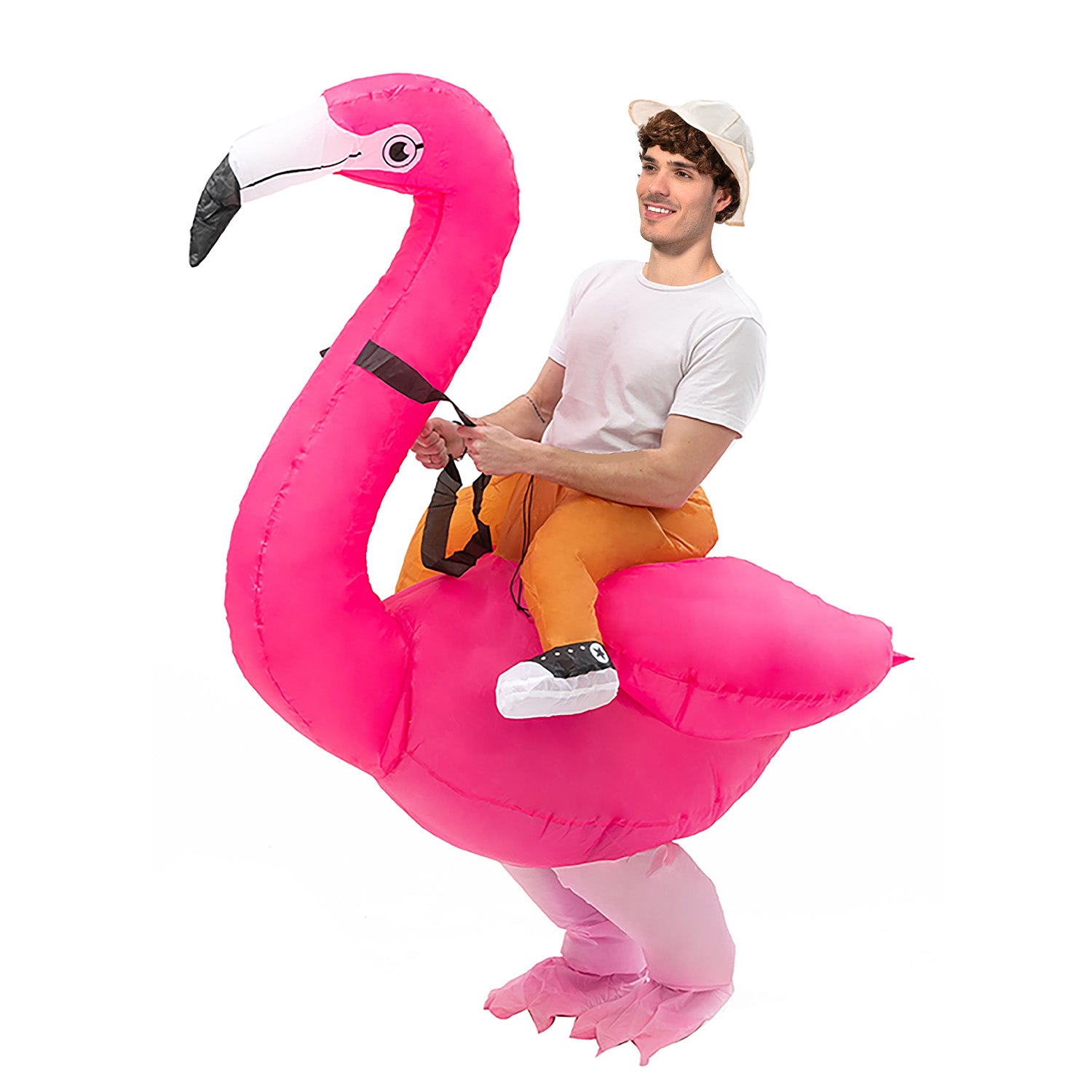 Person riding an inflatable pink flamingo costume on a white background