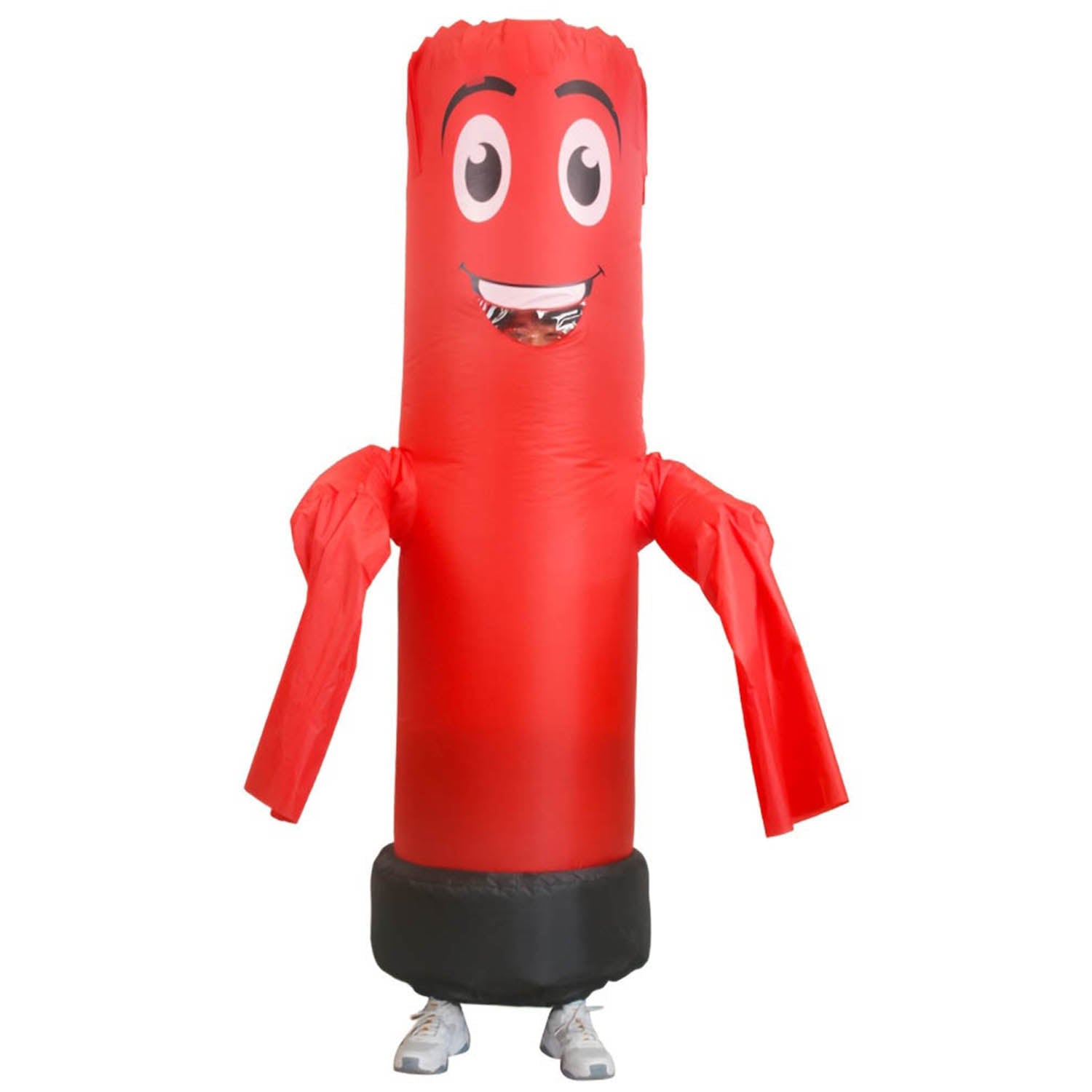 a person wearing an inflatable red tube costume on a white background.