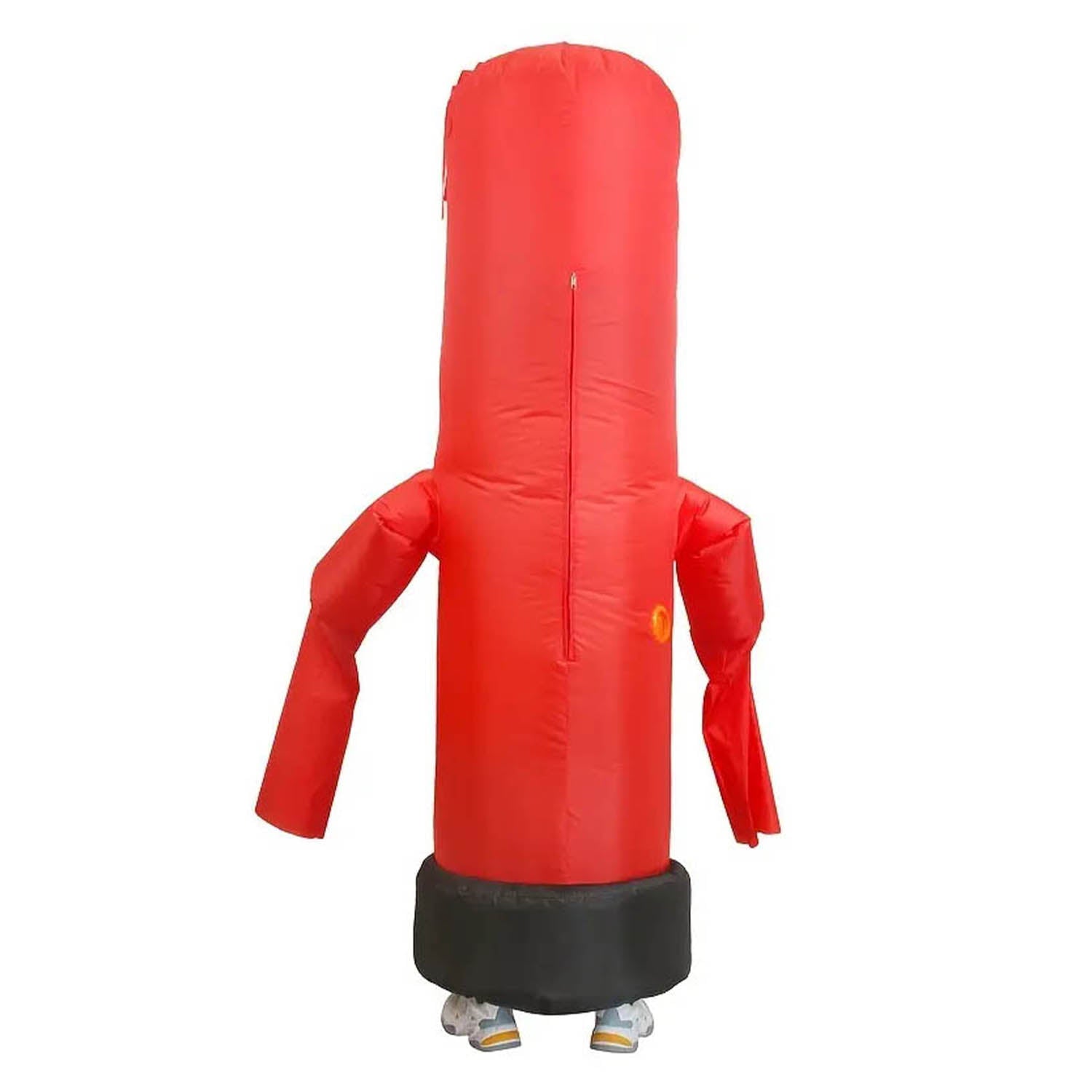 the back view of a person wearing an inflatable red tube costume on a white background.