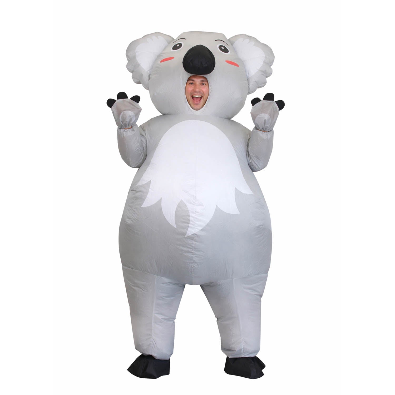 a person wearing an inflatable koala costume on a white background.