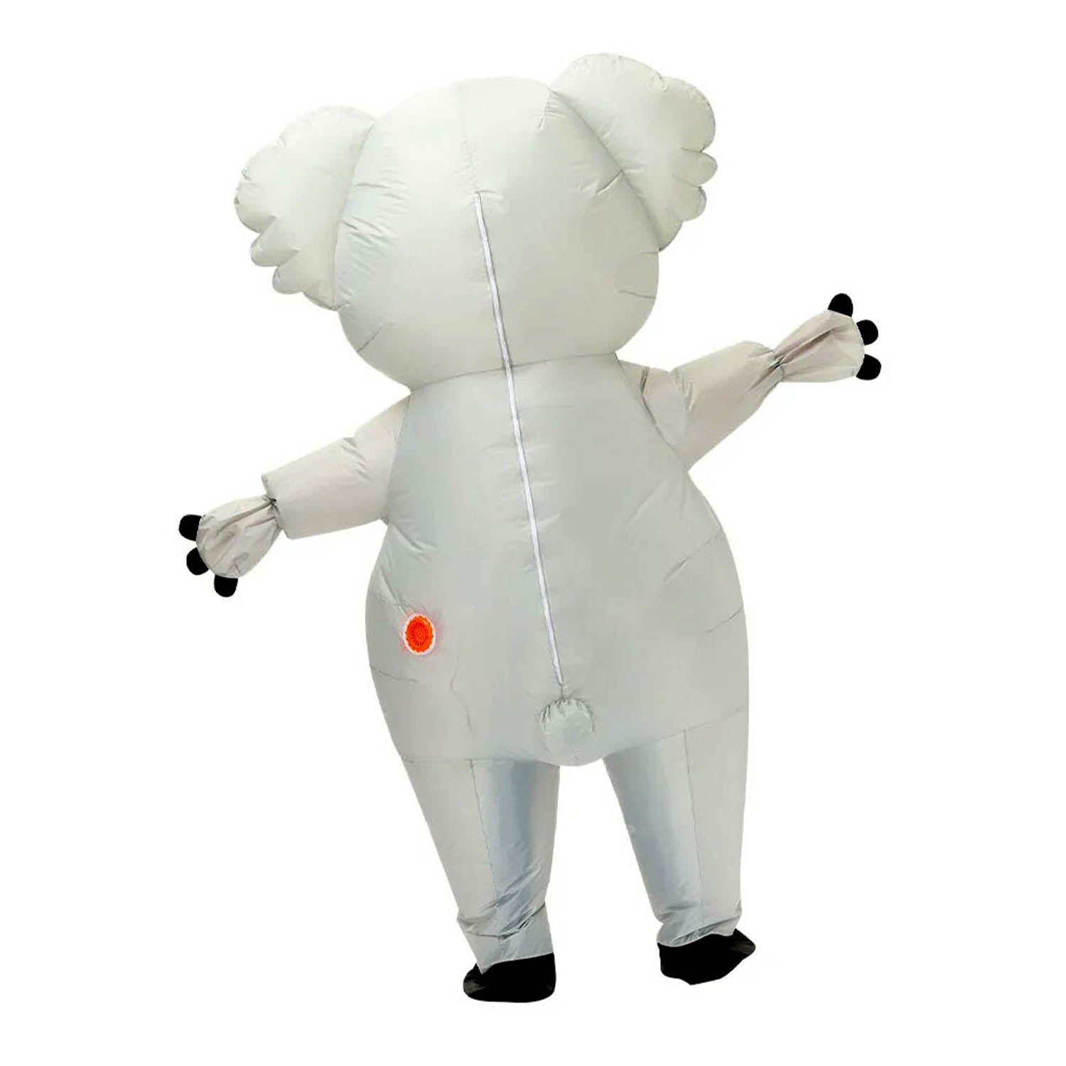 the back view of a person wearing an inflatable koala costume on a white background.