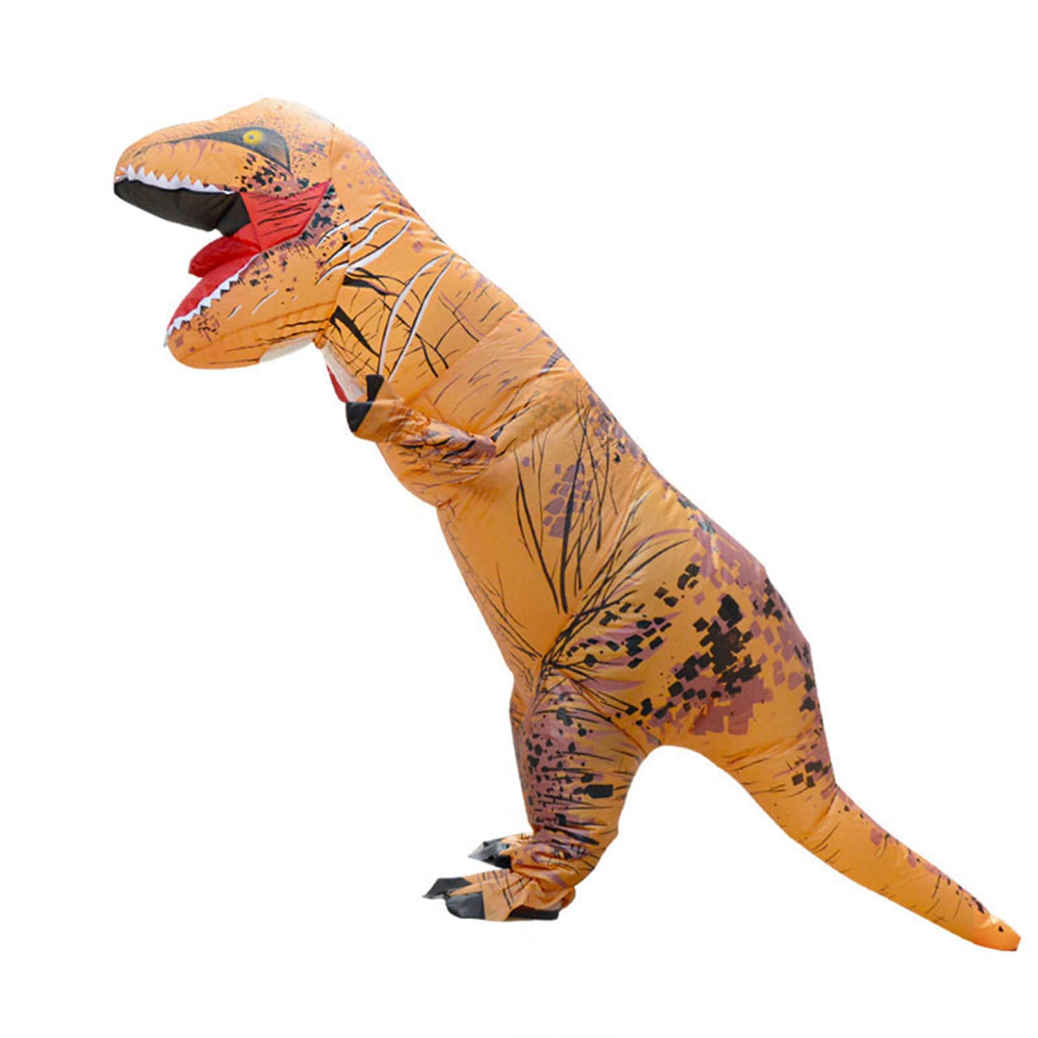 a side view of a person wearing a jumbo inflatable brown dinosaur novelty costume.