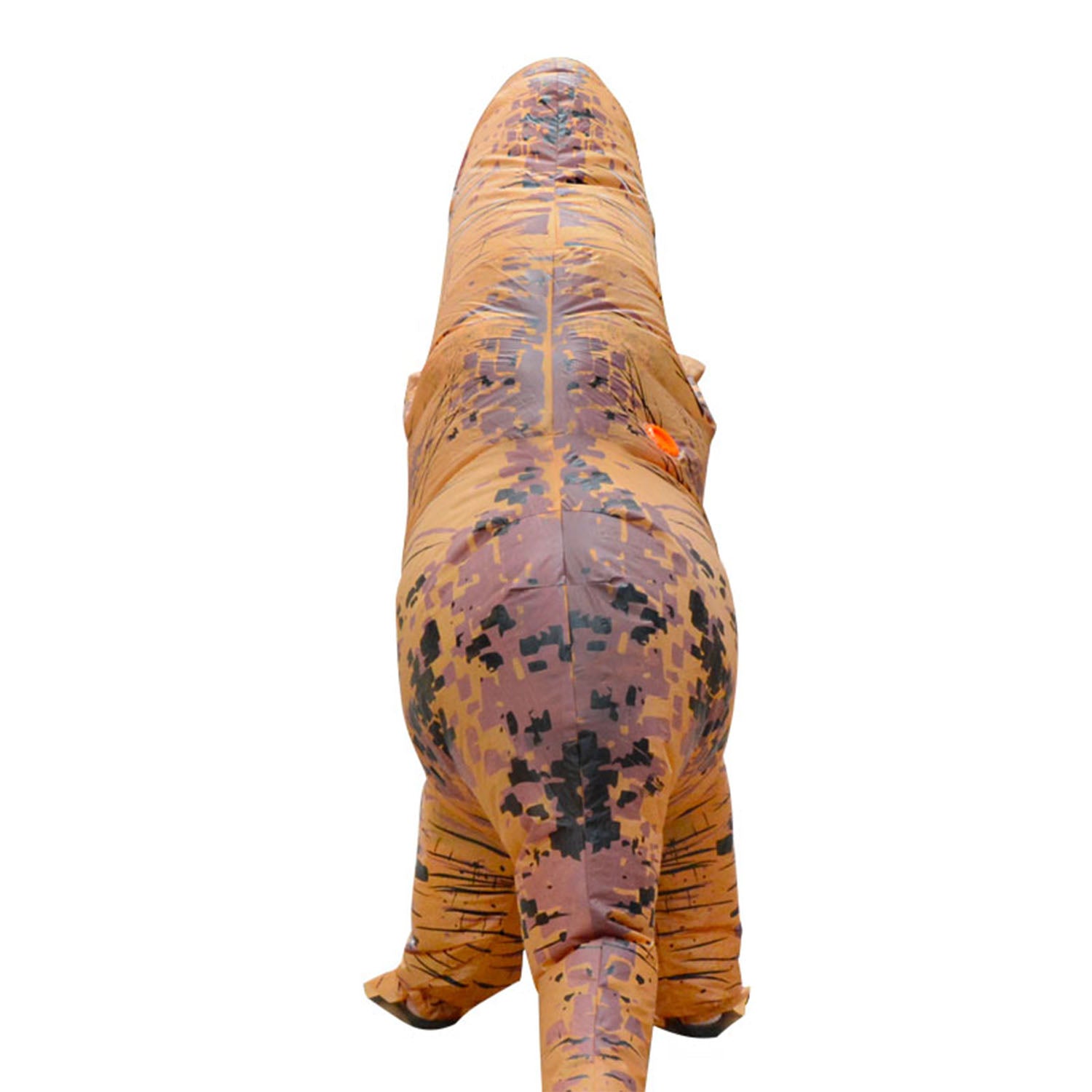 a back view of a person wearing a jumbo inflatable brown dinosaur novelty costume.