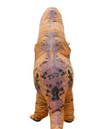 a back view of a person wearing a jumbo inflatable brown dinosaur novelty costume.