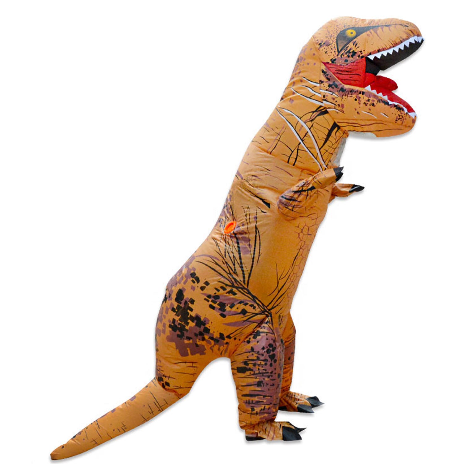a side view of a person wearing a jumbo inflatable brown dinosaur novelty costume.
